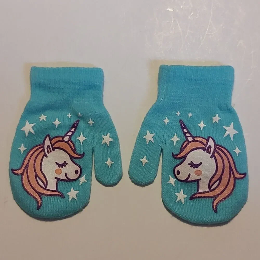Toddler Unicorn Stars Mittens Blue Knit Warm Winter Accessories Cold Weather